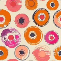 An abstract painting featuring a composition of various-sized circles in shades of pink, orange, and black, creating a dynamic and colorful visual impact.