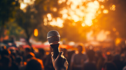 Hand holding a microphone ready before a crowd as the sun sets
