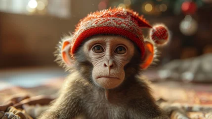 Zelfklevend Fotobehang Funny monkey in a warm hat sitting in a home interior © Александр Лобач