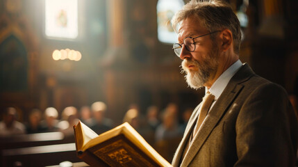 An earnest preacher in a tweed suit reads from a holy book in a sunlit church - obrazy, fototapety, plakaty