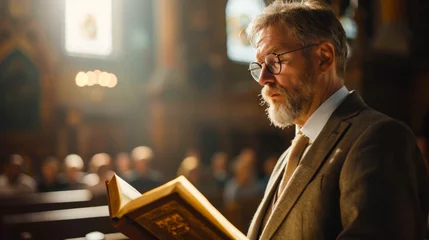 Foto op Canvas An earnest preacher in a tweed suit reads from a holy book in a sunlit church © Paula