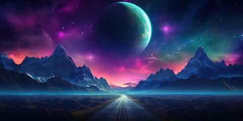 Futuristic neon landscape with a lone road leading toward vibrant planets and mountains under a starry sky