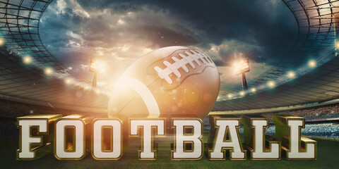 Leather American football ball on the grass of a football field at the stadium. American sport concept, strength, victory. Poster for advertising, design, copy space, mixed media.