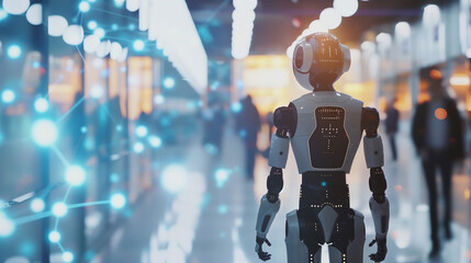 Back view of a humanoid robot walking amidst a crowd at a technology exhibition with bright lights and digital displays