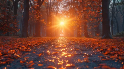 Foto op Aluminium Autumn forest path. Orange color tree, red brown maple leaves in fall city park. Nature scene in sunset fog Wood in scenic scenery Bright light sun Sunrise of a sunny day, morning sunlight view. © Matthew