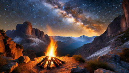 Sunset over the mountains Firepit and Milkyway