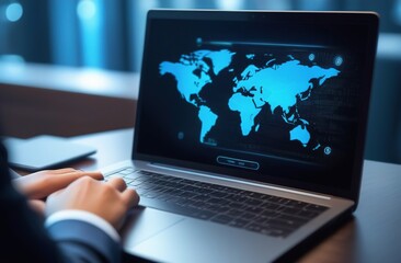 Business and healthcare concept, laptop with world map on screen