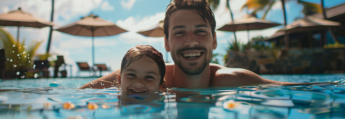 Caucasian father and daughter playing in swimming pool at hotel. - obrazy, fototapety, plakaty