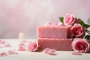 Rose scented soap with rose flowers nearby. Handmade eco soap.Soap bar pink rose flower homemade clean body care