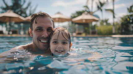 Caucasian father and daughter playing in swimming pool at hotel. - obrazy, fototapety, plakaty