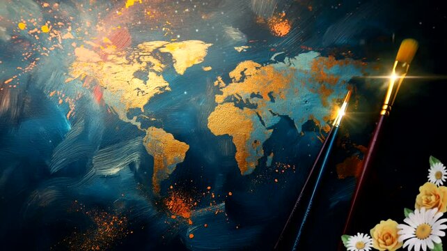 World map watercolor with two paintbrush. Seamless looping time-lapse 4k video animation background