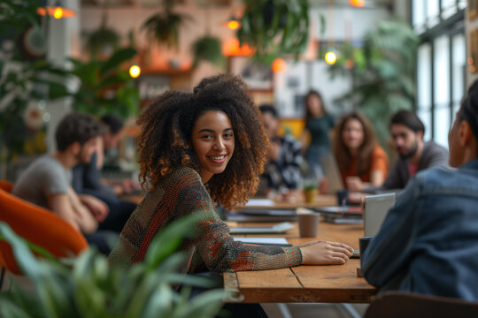 A diverse group of people from different ethnicities brainstorming in a modern cozy meeting room, with a relaxed work-life balance atmosphere