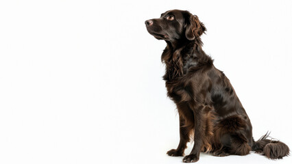 A Black Setter dog gazes alertly upwards with intelligence in its eyes, against a clean white backdrop highlighting its sleek black fur