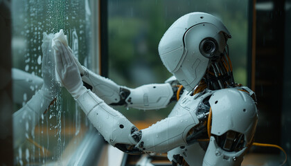 Close up of Robot hands cleaning the window with white rag, microfiber cloth. Wiping dirty glass on the blue city street background. Modern technology