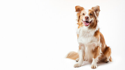 A joyful Border Collie with a smiling face and striking white and brown fur poses against a white background depicting its friendly nature