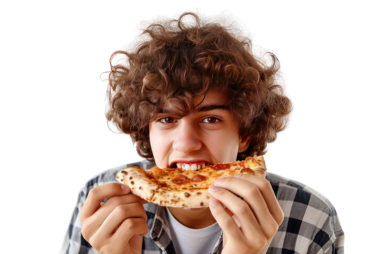 young curly guy eating pizza,Isolated on a transparent background.