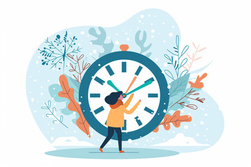 Seasonal Time Transition: Fall Back & Spring Forward - Miniature Figure Concept. Daylight Saving Clock Adjustment Scene Vector Illustration. Winter to Summer Watch Reminder - obrazy, fototapety, plakaty