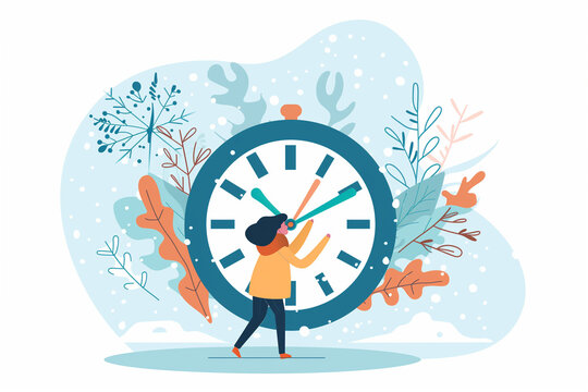 Seasonal Time Transition: Fall Back & Spring Forward - Miniature Figure Concept. Daylight Saving Clock Adjustment Scene Vector Illustration. Winter to Summer Watch Reminder