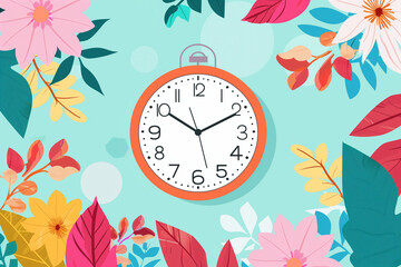 Spring Forward Time: Daylight Saving Alarm Clock & Flowers - obrazy, fototapety, plakaty