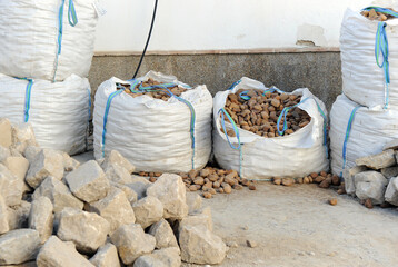 Fototapeta na wymiar Raffia bags with river boulders for street paving. Pebbles and granite cobblestones for pavement. Construction materials. 