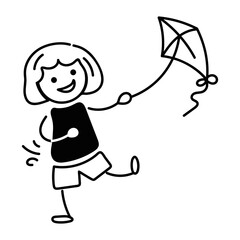 Trendy doodle icon of a kid flying kite 