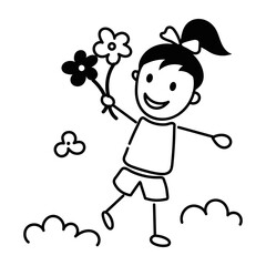 Excited girl holding flowers, doodle icon 