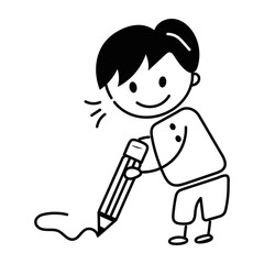 Boy writing using pencil, doodle style icon 