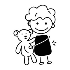 A doodle icon of cute boy holding bear toy 