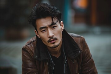 Handsome Asian male model with masculine and expressive pose posing for cinematic portrait shoot