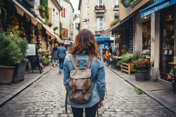 A woman in denim walks on cobblestone street with a backpack
