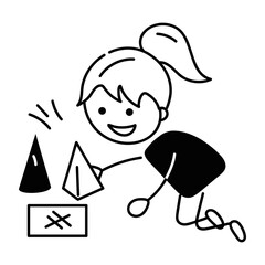 Kid playing with toy blocks, doodle style icon 