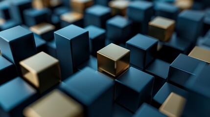 Abstract 3d rendering cubes perspective view, gold and very dark black geometric background , digital data background 3d render polygon.	
