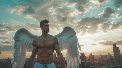 Caucasian male angel with white wings in the city.