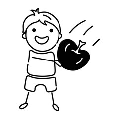 Happy child eating apple, doodle style icon 