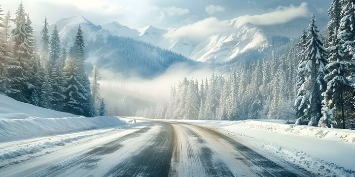 Scenic Image of Snowy Mountains with a Winding Frosty Road in Winter. Concept Winter Landscape, Snowy Mountains, Frosty Roads, Scenic Beauty, Wintertime Serenity
