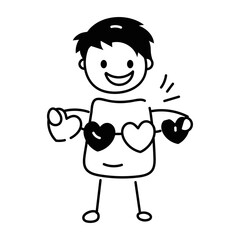 Trendy doodle icon of a kid holding heart garland 