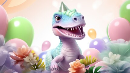 A cute little dinosaur, surrounded by balloons and flowers, is enjoying a birthday party.