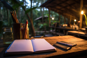 Open notebook on wooden table. Freelancer writer or student workplace, empty pages for work or study - obrazy, fototapety, plakaty