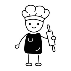Cute kid wearing chef costume, doodle style icon 