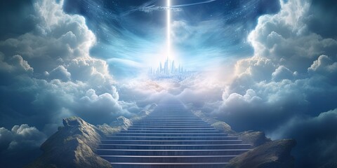 Stairway to heaven in heavenly concept. Religion background. Stairway to paradise in a spiritual concept. Stairway to light in spiritual fantasy. Path to the sky and clouds. - obrazy, fototapety, plakaty