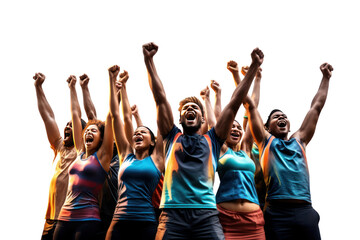 Team of athletes celebrating victory Shows success and pride Working together to achieve goals Shows success.Isolated on a transparent background.