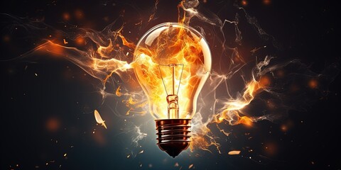 A bulb shattering moment. The moment an idea or shocking event strikes, concept. an incandescent light bulb shattering with orange sparks of inspiration or shock.
