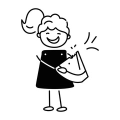 Trendy doodle icon of a girl eating watermelon 