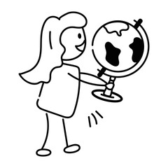 Girl holding table globe, doodle style icon 