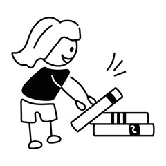 Get this doodle icon of girl organizing books 