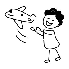 Easy to edit doodle icon of kid flying plane 