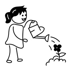 A doodle icon of girl watering flower 