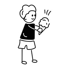 Trendy doodle icon of kid eating ice cream 