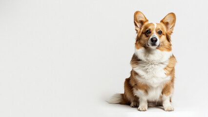 Adorable Pembroke Welsh Corgi sitting upright and looking forward on a clean, white background highlighting its features