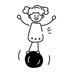 Kid doing balancing ball trick, doodle style icon 